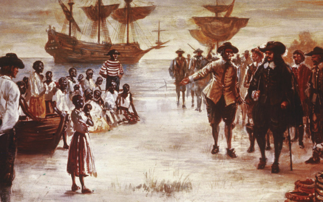 Painting showing white men coming from large ships and holding African families and children captive.