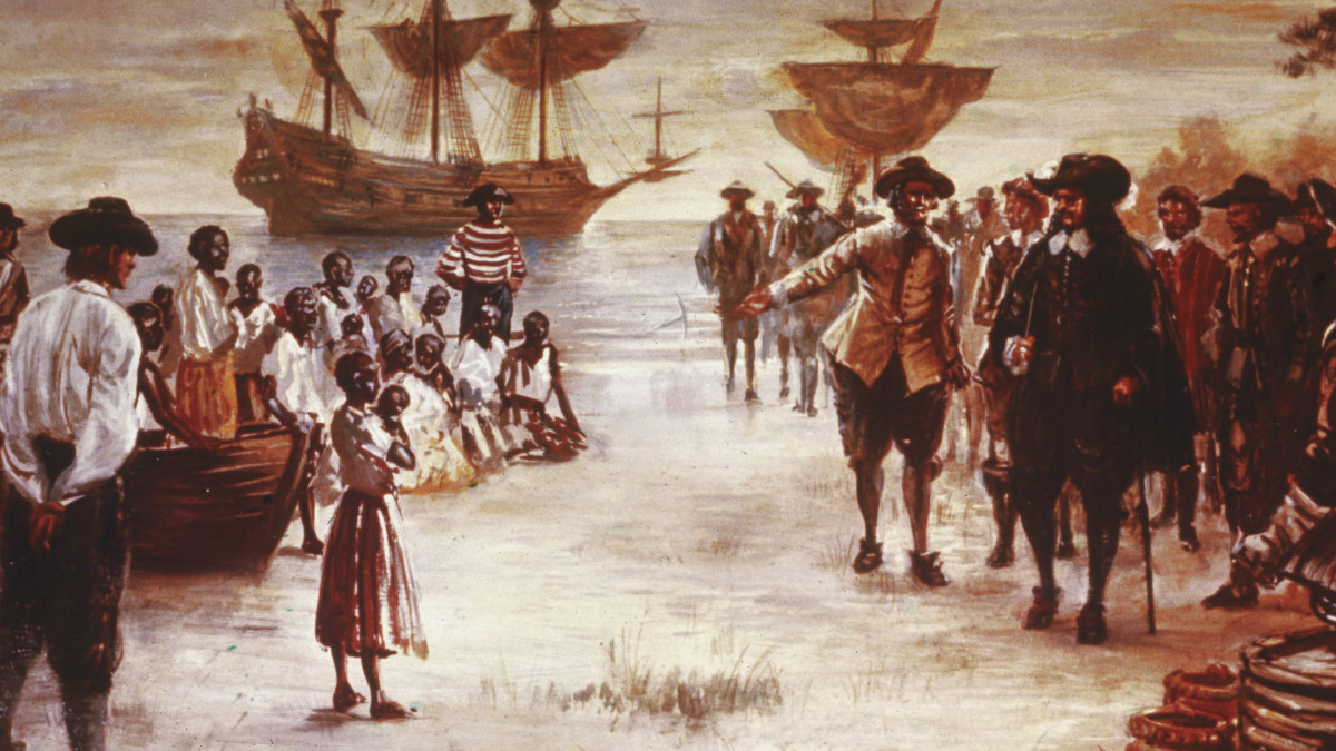Painting showing white men coming from large ships and holding African families and children captive.