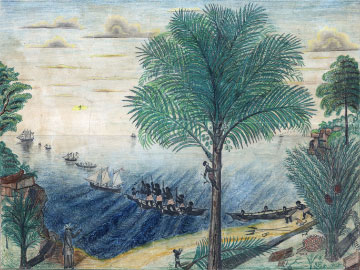Painting of a shoreline with tropical foliage and a steady stream of boats leaving the coast.
