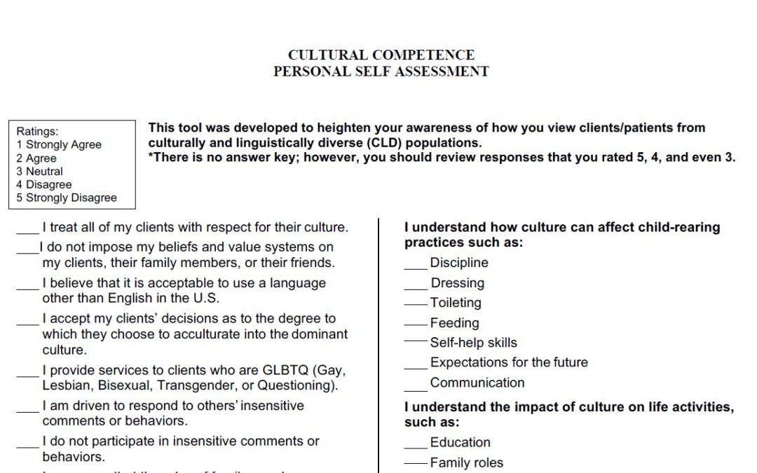 A screenshot of the document, Cultural Competence Personal Self Assessment.