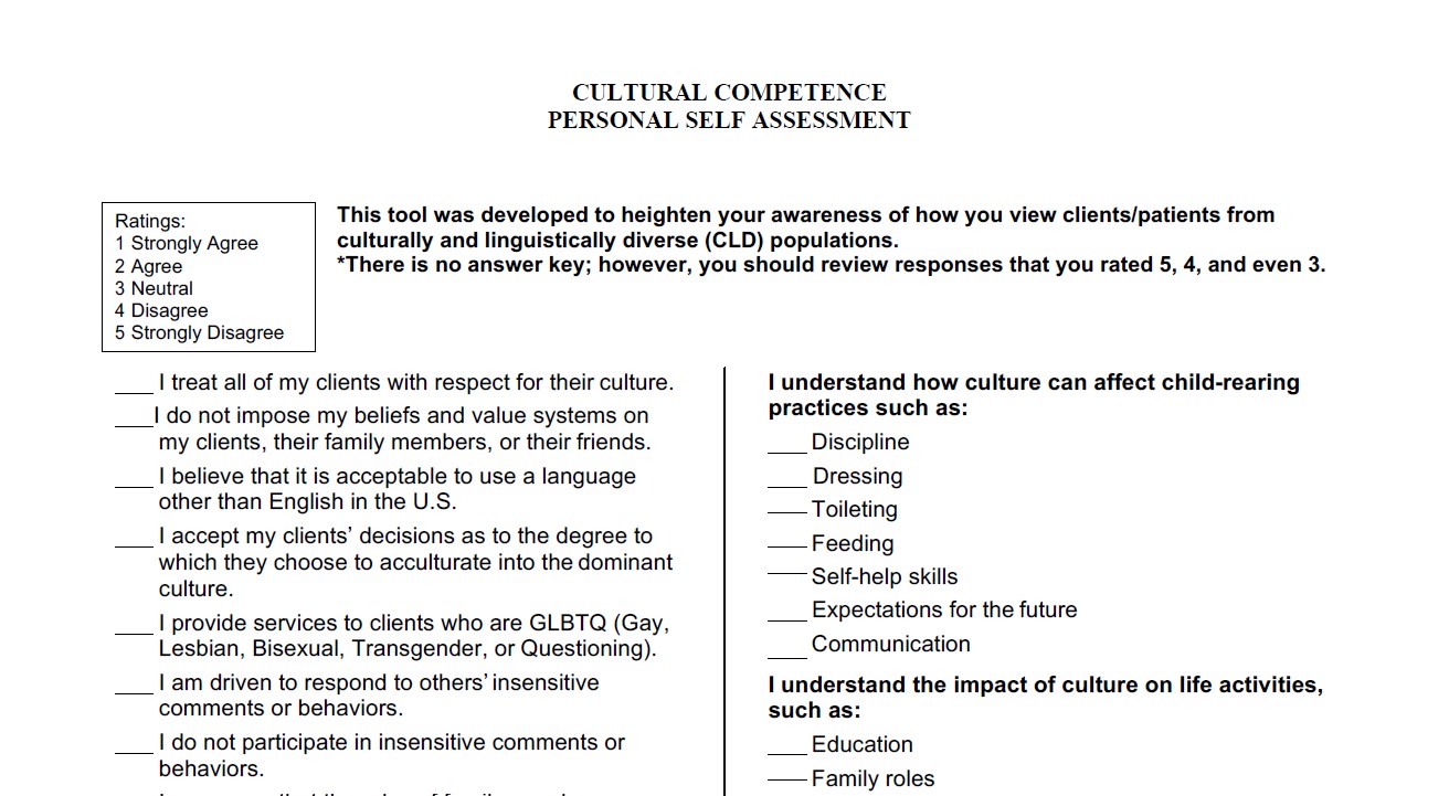 A screenshot of the document, Cultural Competence Personal Self Assessment.