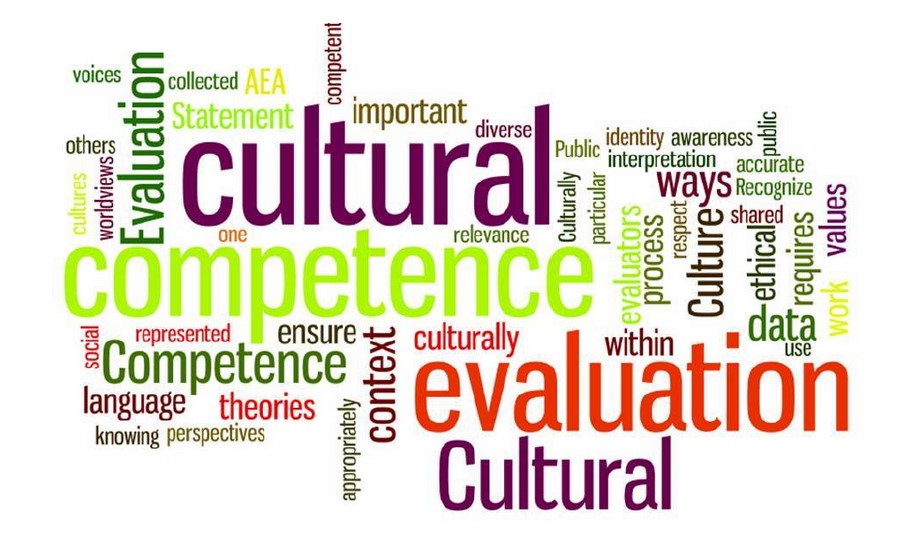 A word cloud with words such as 'cultural competence' and 'evaluation.'