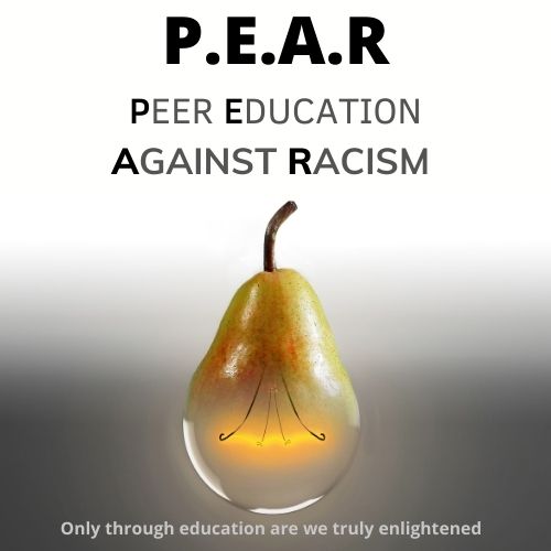 Peer Education Against Racism (P.E.A.R.) and an image of a pear turning into a light bulb.