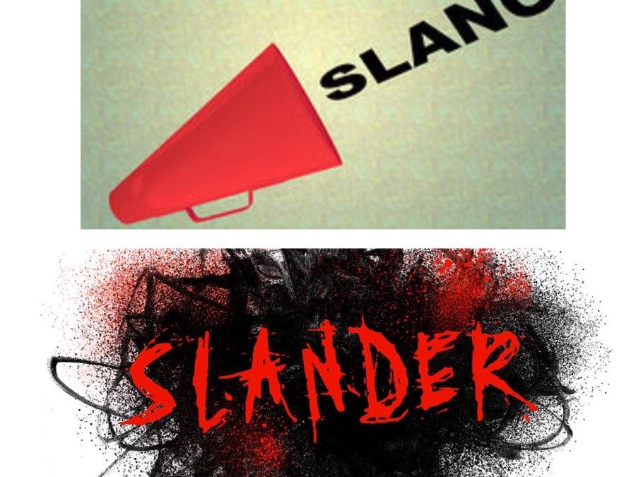 Artists' depictions of the text 'slang' and 'slander.'