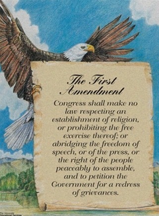 A painting of the first amendment, carried by a bald eagle.