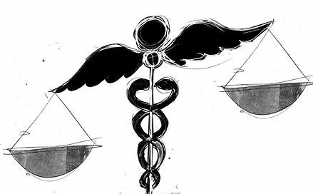 Artwork, combining symbols for the scales of justice and doctors/the medical profession