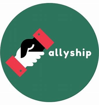 A graphic with the word 'allyship' and two hands shaking, one white and one Black.