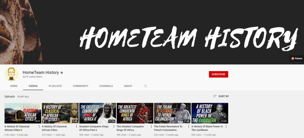 A screenshot of a youtube channel home page, with the banner reading 'Hometeam history', the name of the channel.