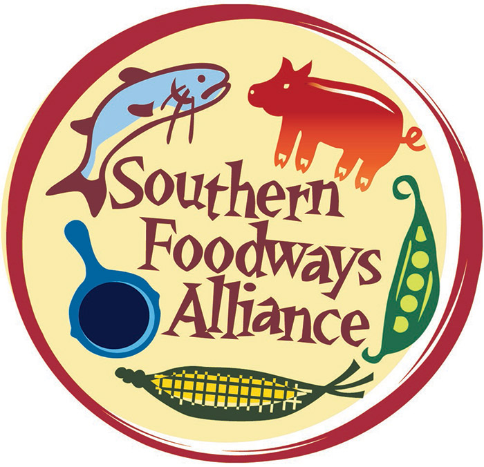 The Southern Foodways Alliance Logo, including images of fish, pork, beans, and corn.