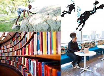 A collage showing different things associated with exploring, including a child climbing a rock outside, a bookshelf, scuba divers, and a woman on a laptop.