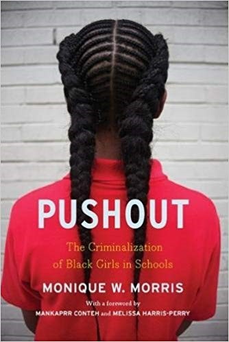 A book cover showing the back of an African American child while they face a wall, behind the book title 'Pushout.'