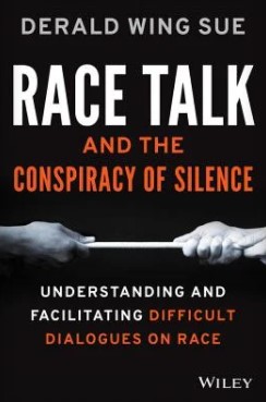 A book cover with the title 'race talk' and two hands pulling opposite directions on a rope, one white and one Black.