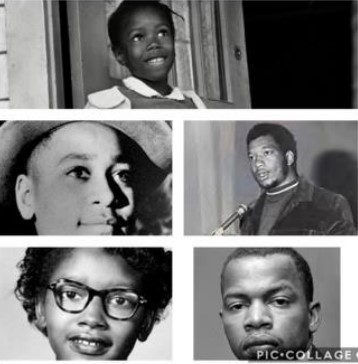 A collage of photographs of the youth mentioned in this section: Emmett Till, Claudette Colvin, Ruby Bridges, John Lewis, and Fred Hampton.