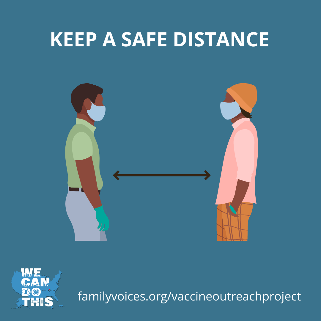 Social media graphic showing keeping a safe distance, with two people talking with each others at a safe distance while wearing masks.