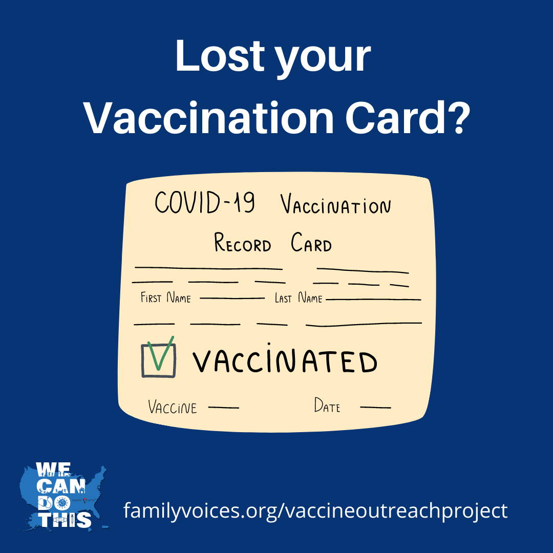 Social media graphic with the text 'lost your vaccination card?'