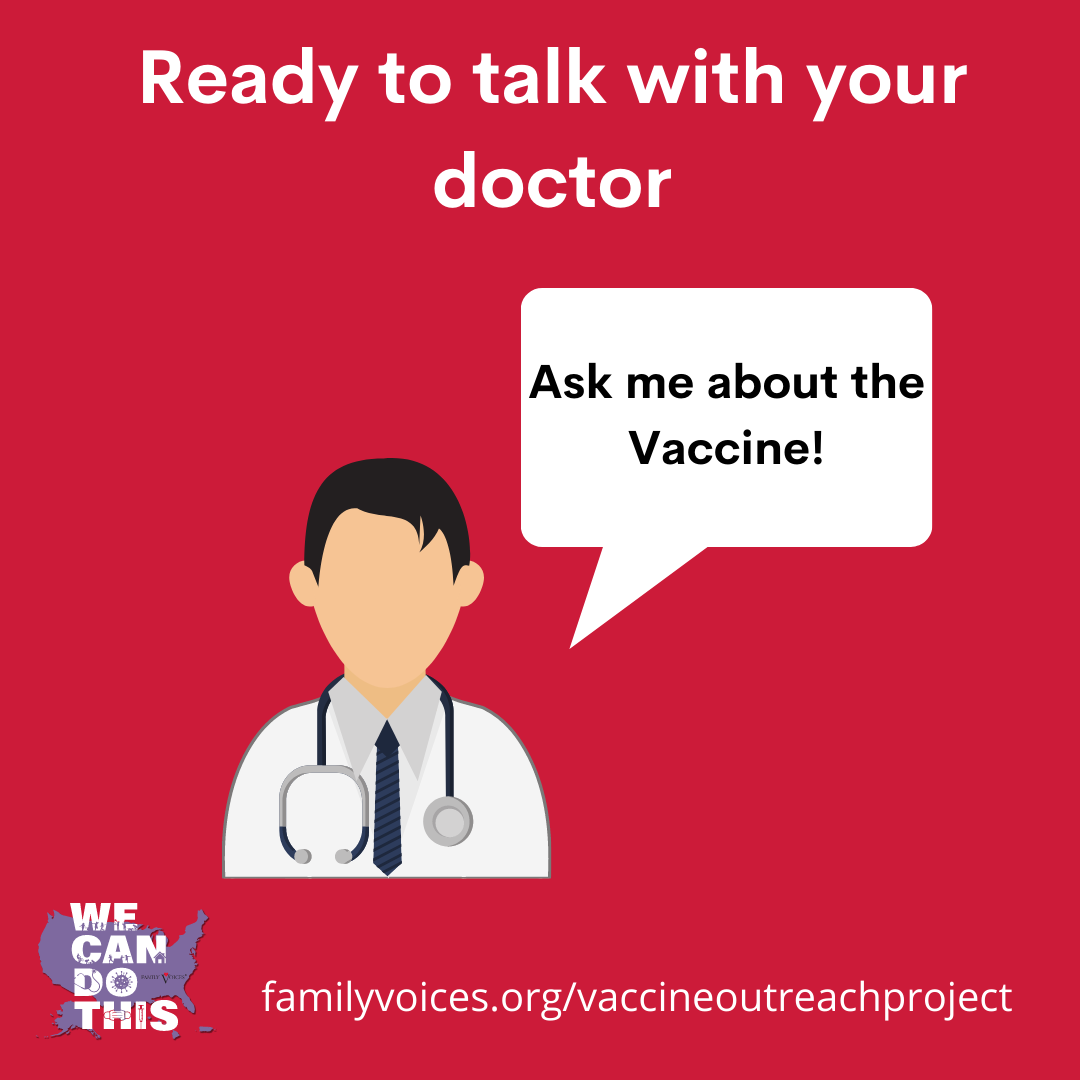 Social media graphic showing a doctor saying the words 'ask me about the vaccine!'