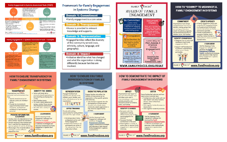 A collection of infographics related to the family engagement in systems assessment tools.