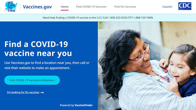 A web page banner reads 'find a COVID-19 vaccine near you' next to a photo of a parent smiling holding their child.