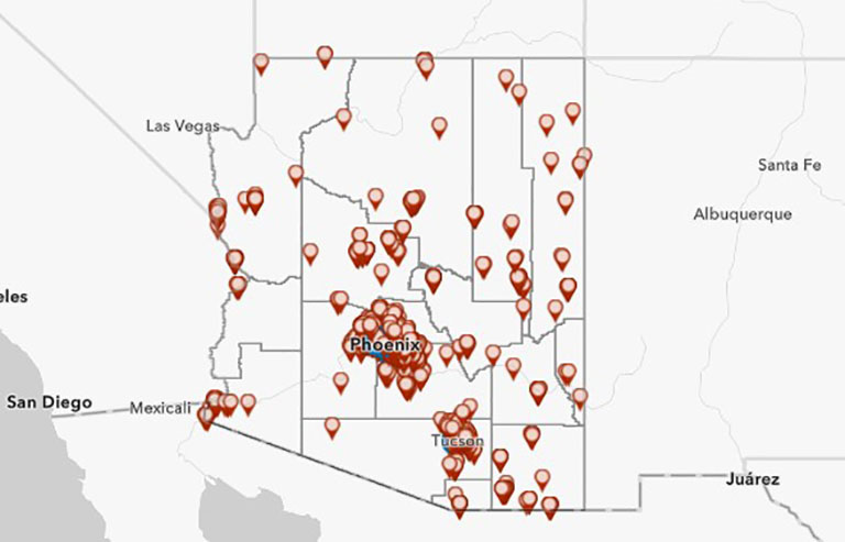 A map of Arizona showing covid-19 vaccine locations.