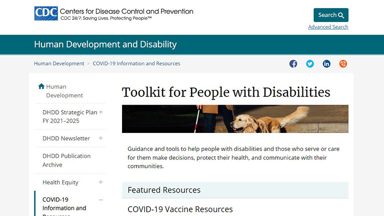 Screenshot of CDC web page, toolkit for people with disabilities