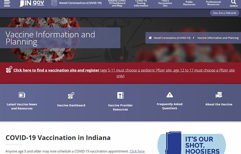 Screenshot of vaccine information and planning web page at in.gov.