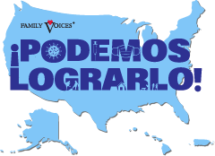 Logo displaying the words podemos lograrlo over a graphic of the United States.