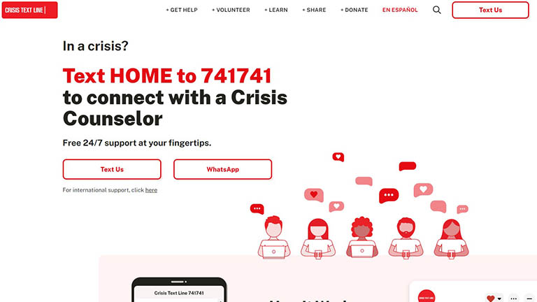 Screenshot of the crisis text line web page, showing red icons of people sending texts on a white background.