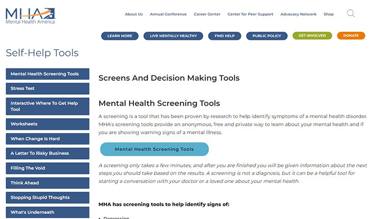 A screenshot of the Mental Health America website, mental health screening tools.