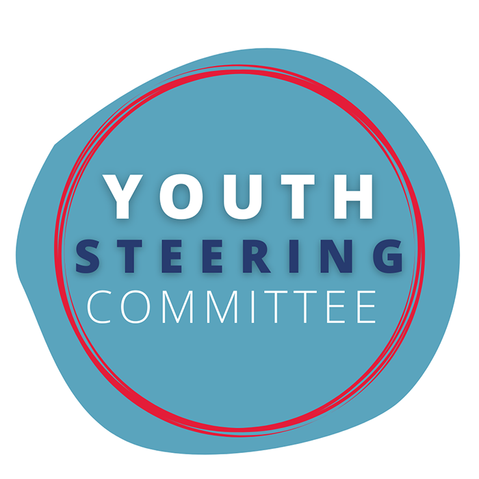 A graphic for the youth steering committee shown on a bright blue, circular background.