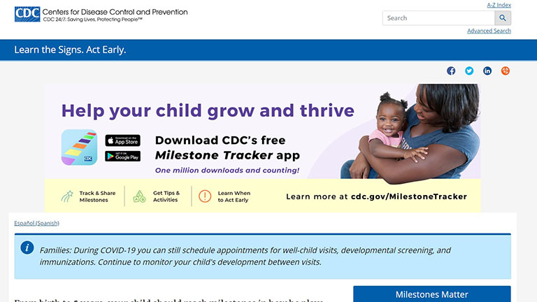 Screenshot of the learn the signs act early website showing a banner reading ''help your child grow and thrive' with a mother holding a young child.