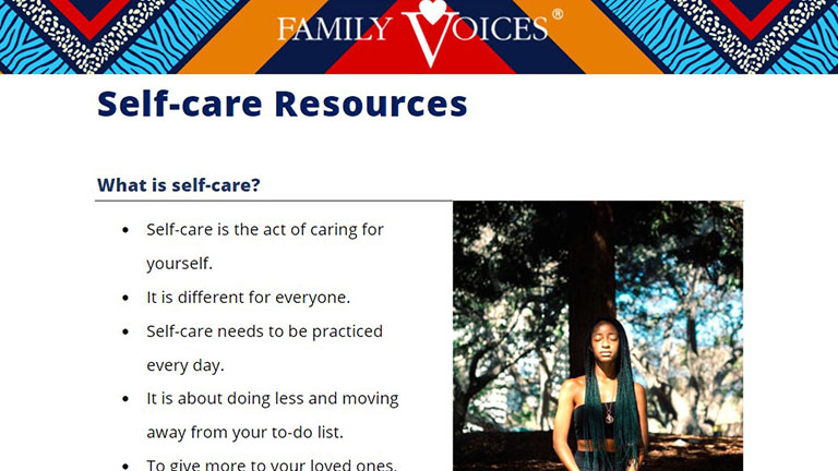 Self-care resources document with a colorful patterned heading of blues, red, and orange, and a woman sitting peacefully outdoors.