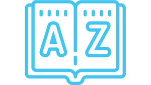 Illustration of an open book with the letters "A" and "Z" on each page, indicating a glossary.