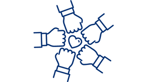 An illustration of five hands joining together with a heart in the middle.