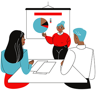 Illustration of an individual standing in front of a presentation on a projector screen while two colleagues sit at a table in the audience.