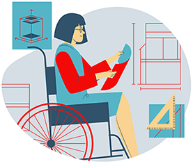 Illustration of an individual sitting in a wheelchair reviewing plans and documents related to the design of spaces and objects.