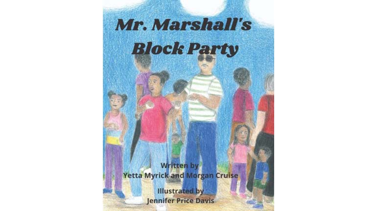 Illustrated book cover showing people of all ages gathered at a block party, titled Mr. Marshalls Block Party.
