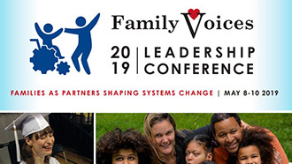 A conference program from the 2019 Family Voices Leadership Conference, with photos of families and children. 