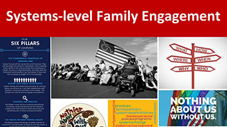 A slide titled 'systems-level family engagement' with a collage of photographs showing people with disabilities coming together. 