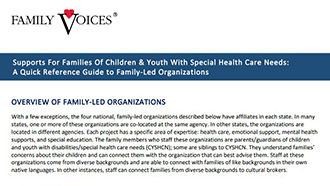 Preview of a document with the Family Voices logo and a subheading 'overview of family-led organizations'
