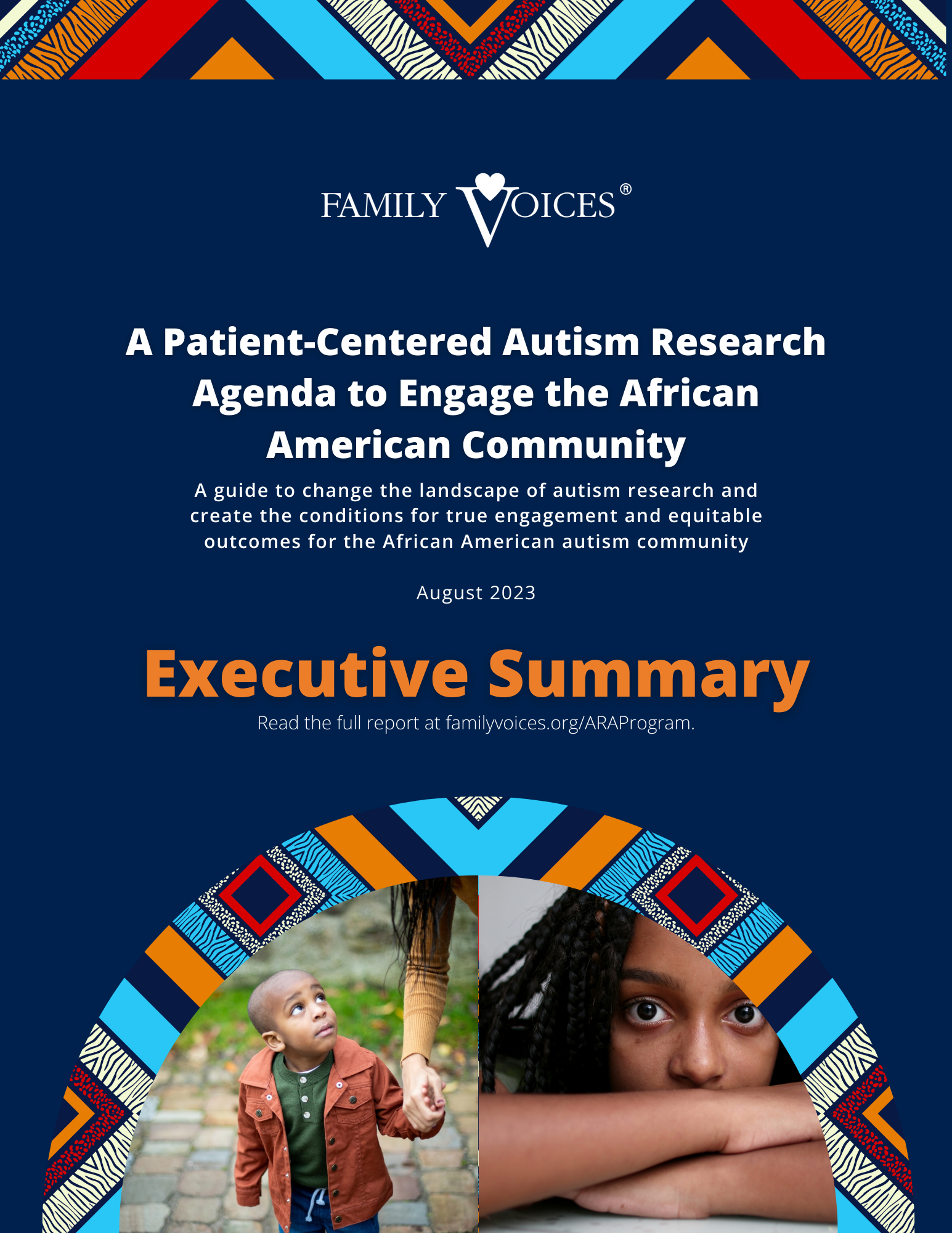 Cover of the executive summary, with bright colorful patterns and images of children of various ages.