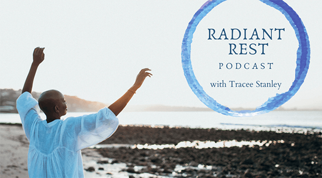 Radiant Rest Podcast promotional image with a person standing peacefully with arms in the air on a beach.