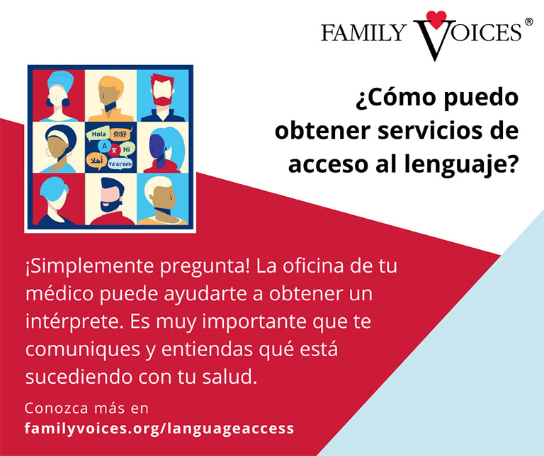 Spanish version of Social media graphic about how a person can get language access services.