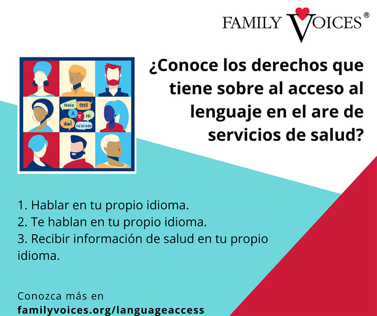 Spanish version of Social media graphic about language rights you have in health care settings.