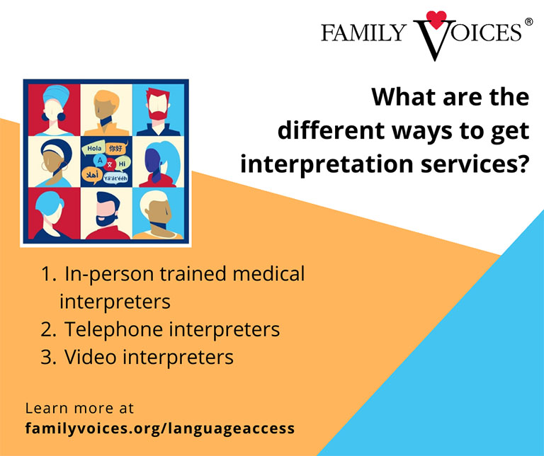 Social media graphic about the different ways to get interpretation services
