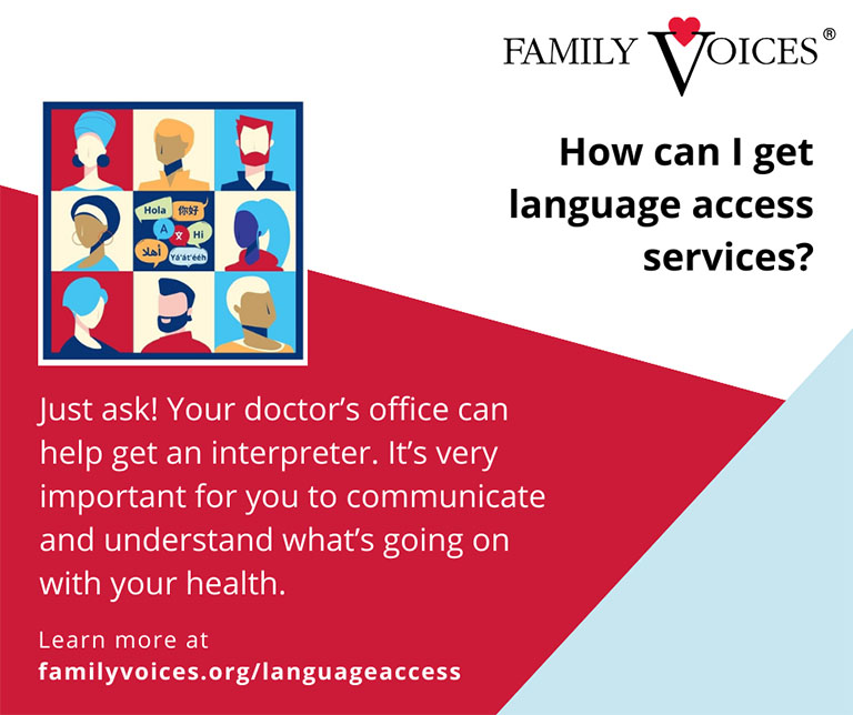 Social media graphic about how a person can get language access services.