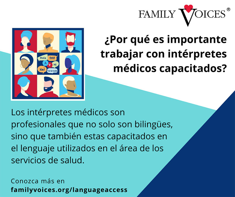 Spanish version of a social media post graphic describing why it is important to work with medical interpreters.