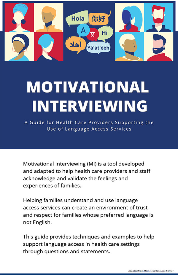 Preview of the motivational interviewing guide for health care providers supporting the use of language access services.