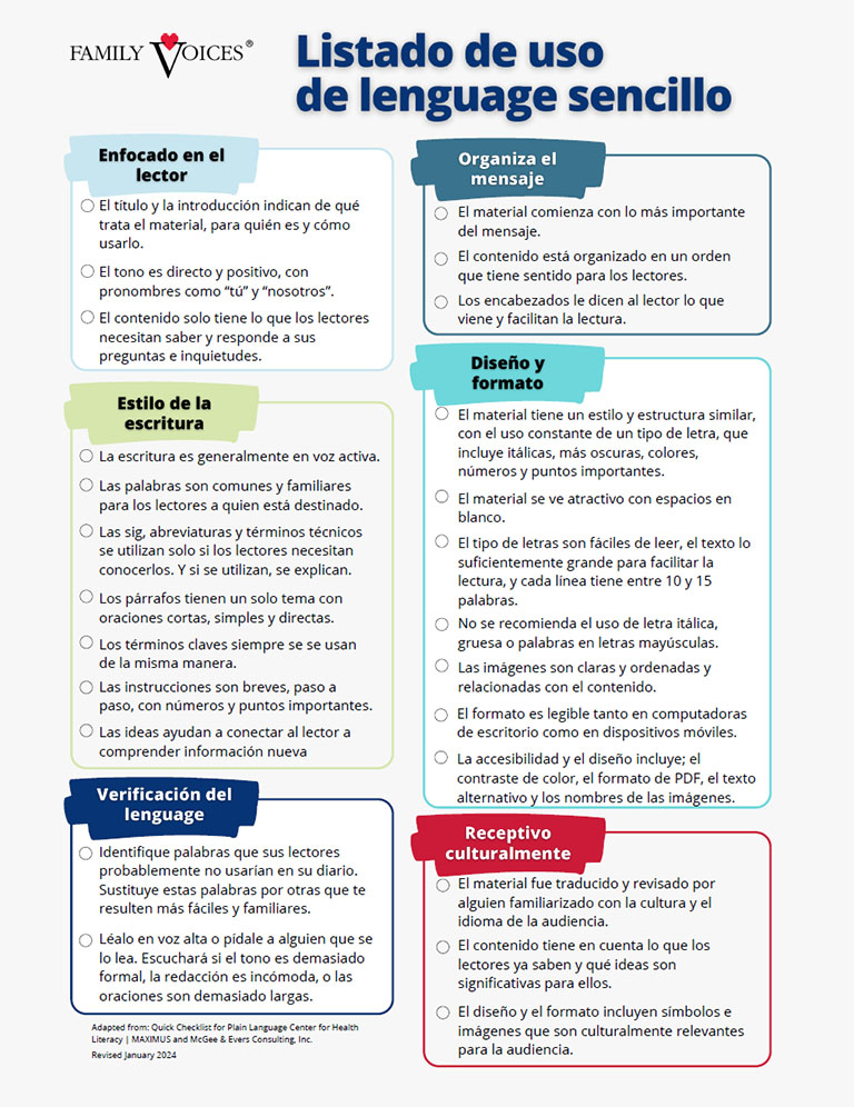 Spanish version of a detailed checklist to help guide writing using Plain Language.