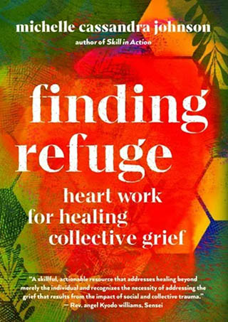 Finding refuge book cover with a bright red, green, and yellow background.