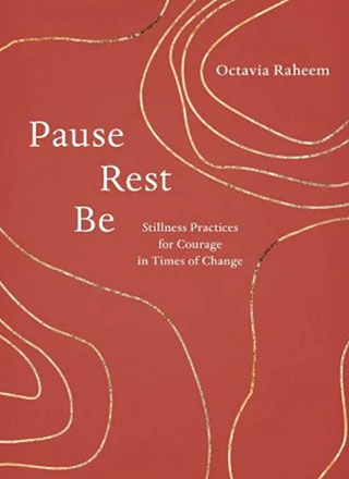 Pause, rest, be book cover, with a deep red and gold trimmed background.